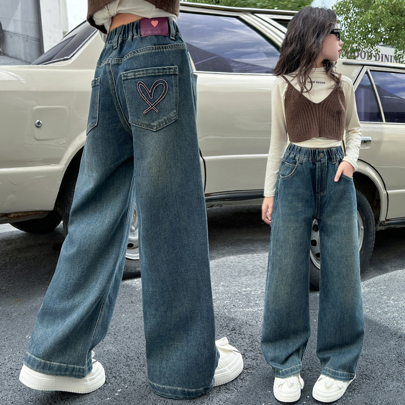 女童牛仔裤春秋装新款中大儿童直筒裤春季女孩窄版休闲外穿长裤子