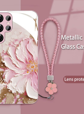 Samsungs苹果15加S23+三星手机壳S24ultra女16适用s22u油画a55牡丹花A54玻璃A52全包plus镜头A53带挂绳case14