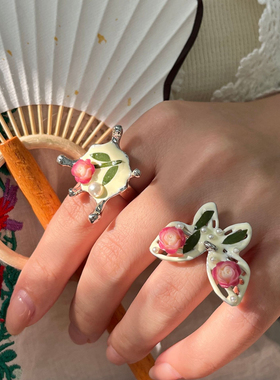 中国风手工滴油月季干花高级感指环戒古风甜美夏季蝴蝶彩绘戒指女