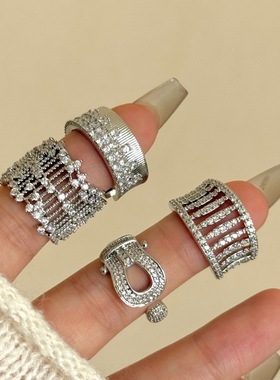 小众设计银色金属微镶锆石宽版开口叠戴戒指 高级感马蹄镶钻指环