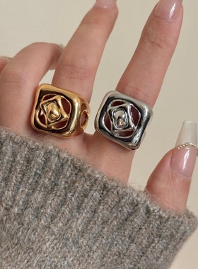 小香风金属光面质感花朵镂空方形戒指 ins高级感开口气质叠戴指环