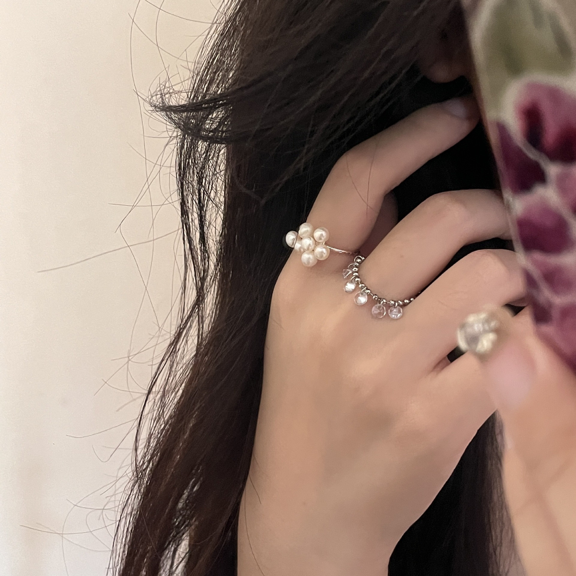 小众设计手工淡水珍珠串珠气质百搭戒指简约可晃动锆石流苏指环戒