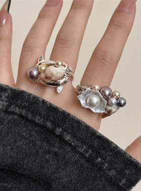 海洋风手工镶珍珠金箔贝壳叠戴指环戒女 ins百搭沙滩海螺开口戒指