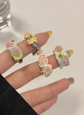 小香风手工滴油珐琅玫瑰花多开口叠搭指环戒 国潮高级感宽版指环