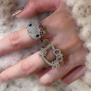 满钻kt风可爱银色戒指女小众设计感甜酷风指环卡通食指戒百搭简约