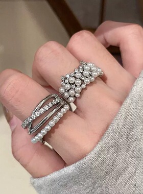 多层珍珠戒指女小众设计食指戒奢华皇冠时尚开口可调节指环