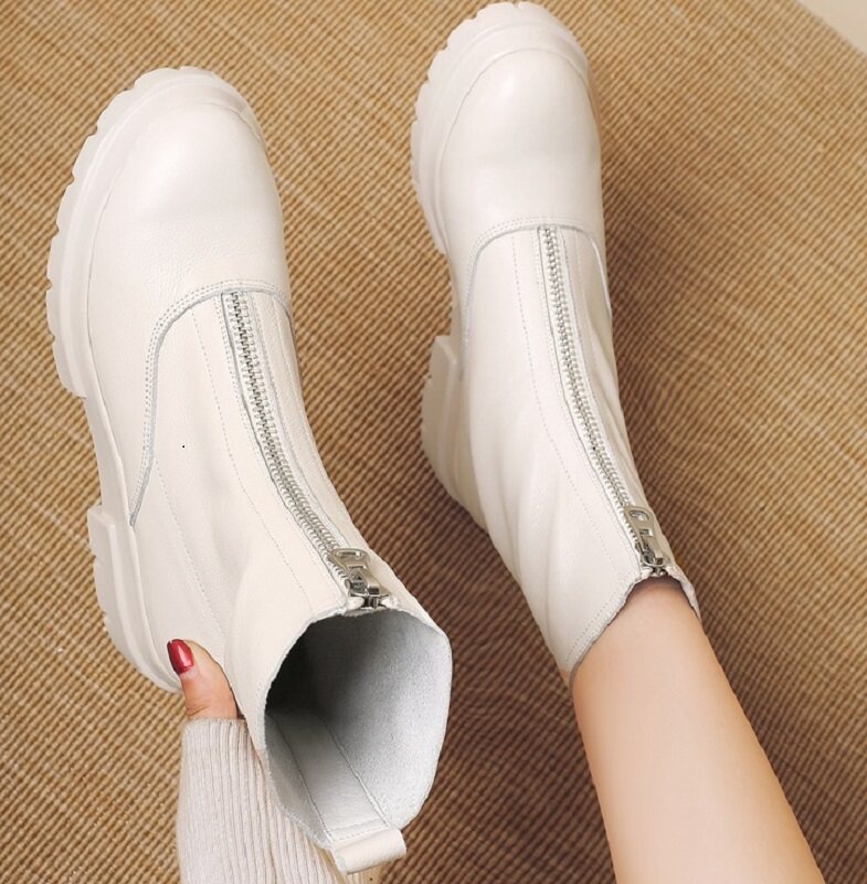 AUTUMN AND WINTER INVISIBLE INNER HEIGHT OF 8CM FIRST LAYER OF COWHIDE THICK SOLE ANTI-SLIP OUTSOLE MID-RISE MARTIN BOOTS ZIPPER RIDER BOOTS WOMEN