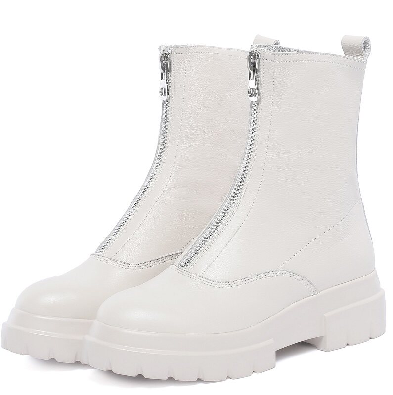 AUTUMN AND WINTER INVISIBLE INNER HEIGHT OF 8CM FIRST LAYER OF COWHIDE THICK SOLE ANTI-SLIP OUTSOLE MID-RISE MARTIN BOOTS ZIPPER RIDER BOOTS WOMEN