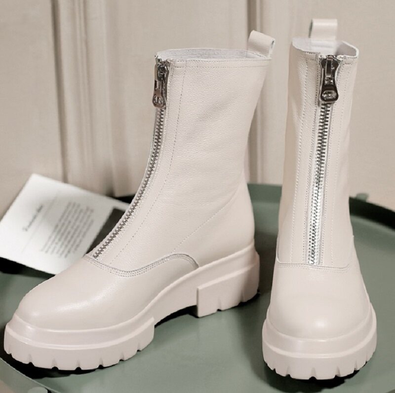 AUTUMN AND WINTER INVISIBLE INNER HEIGHT OF 8CM FIRST LAYER OF COWHIDE THICK SOLE ANTI-SLIP OUTSOLE MID-RISE MARTIN BOOTS ZIPPER RIDER BOOTS WOMEN