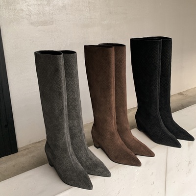 隐形内增高8CM磨砂牛皮尖头时尚秀气轻便时装鞋长筒靴印花韩范靴