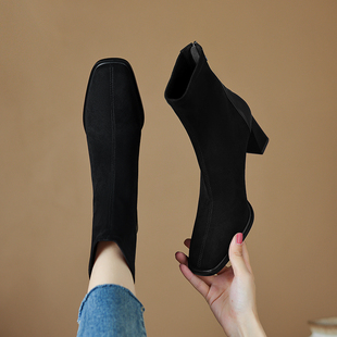 秋冬隐形内增高9CM复古休闲百搭秀气时装靴简约弹力筒瘦腿短靴女