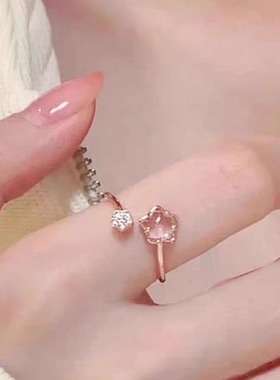 粉色樱花戒指女高级轻奢ins小众设计超仙小清新花朵开口食指指环