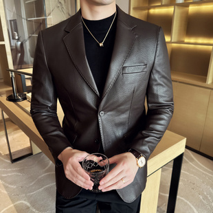 高级感品质皮衣皮西装外套修身商务休闲时尚皮西服便西单西褂子男