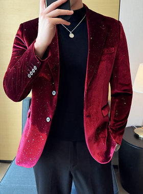 男士金丝绒闪光亮点西装外套韩版修身时尚夜店西服便西上衣礼服男
