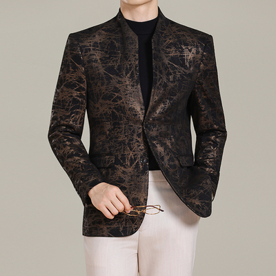 秋季男士中式立领花西装外套修身时尚潮流休闲无领西服便西上衣男