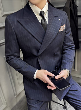 新郎结婚宽领条纹西装套装韩版修身时尚宴会晚礼服商务休闲西服男