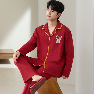 红豆睡衣男士2026春季纯棉大红色马年新年本命年加大码男式家居服
