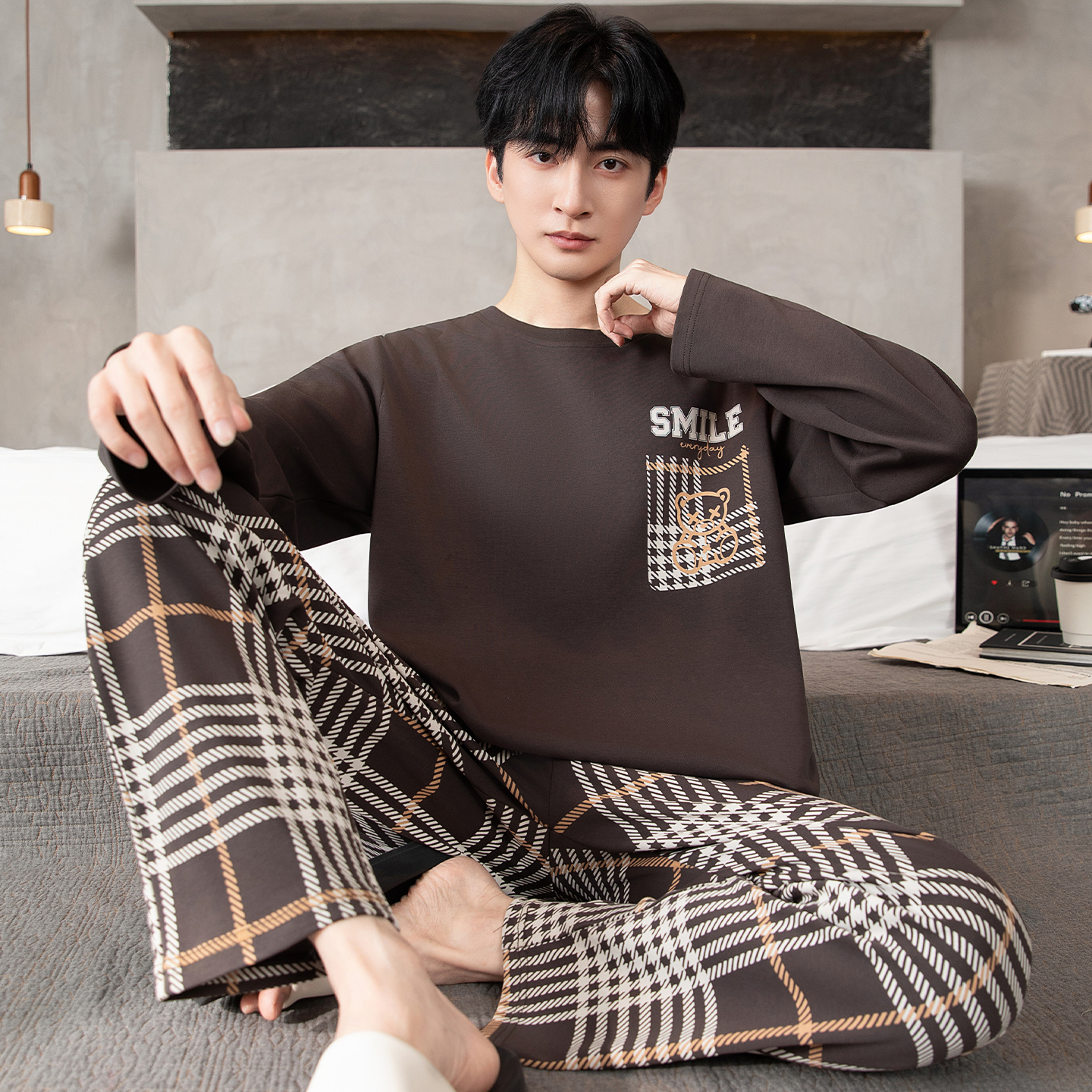 红豆男士睡衣春秋季纯棉长袖薄款大码青少年高中生大学生大童套装