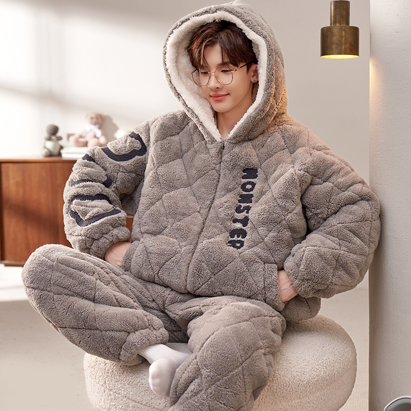 红豆睡衣男士冬季珊瑚绒2025新款加厚加绒三层夹棉大码青少年套装