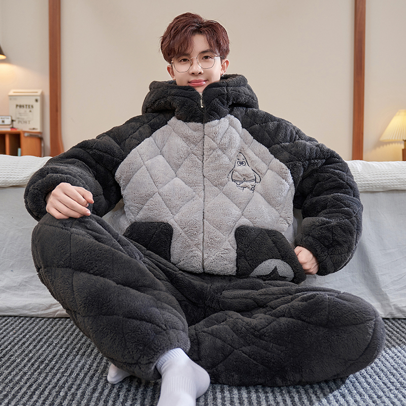 红豆珊瑚绒睡衣男款冬季加厚加绒三层夹棉男士青少年初中学生大童