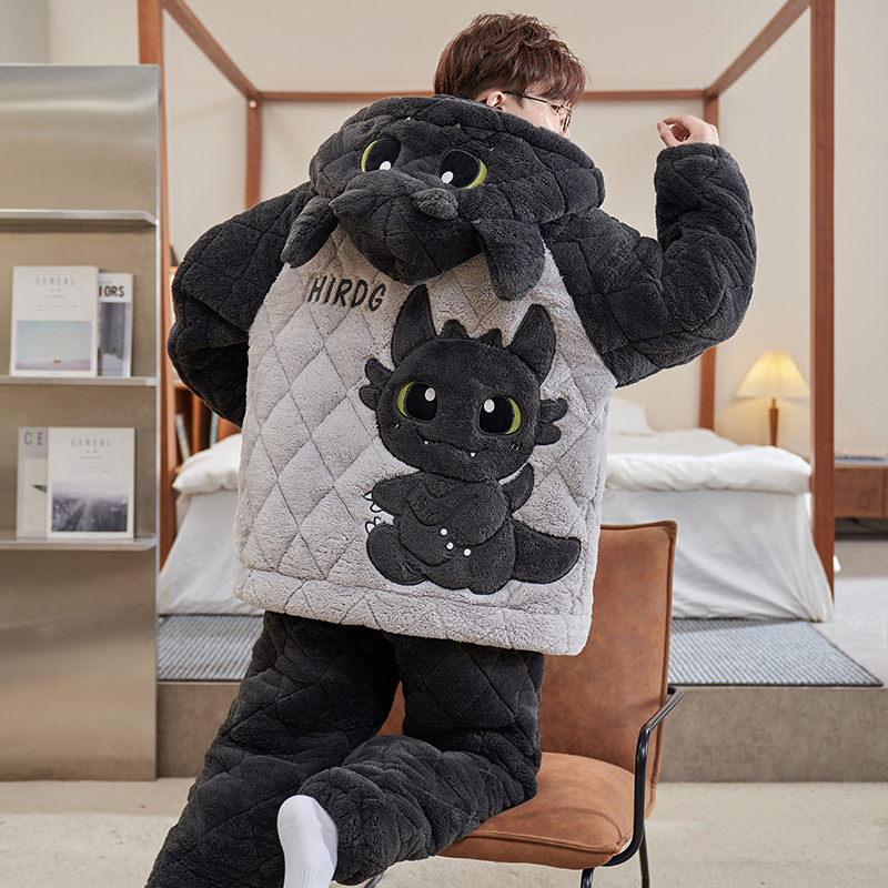 红豆睡衣男款冬季珊瑚绒加厚加绒三层夹棉男士青少年初中学生大童