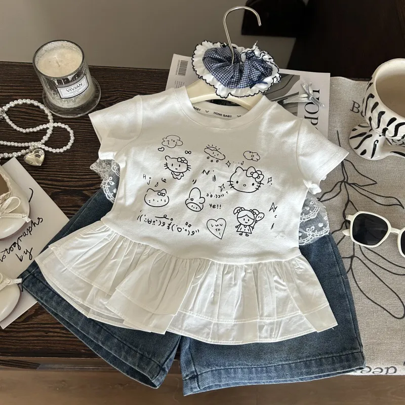 韩版童装2025新款夏季女童荷叶边印花短袖T恤蕾丝边牛仔短裤套装