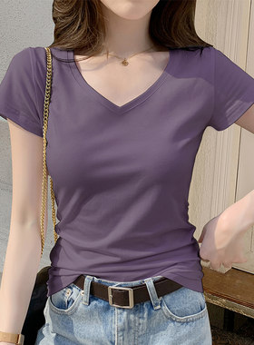 纯棉短袖t恤女v领黑色上衣
