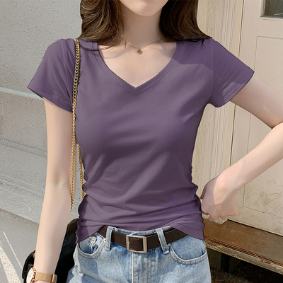 纯棉短袖t恤女v领黑色上衣