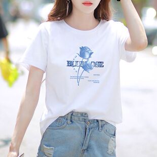 2026新款 玫瑰印花漂亮百搭正肩上衣服 T恤女宽松夏季 白色棉质短袖