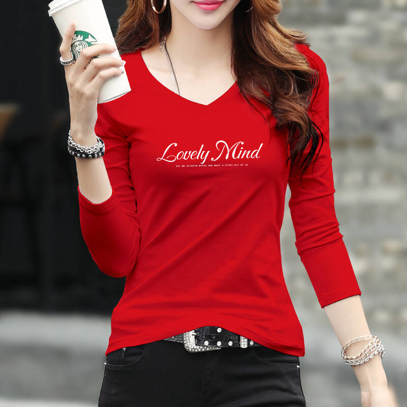 洋气红色紧身秋衣外穿长袖t恤