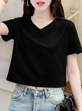 黑色V领短款t恤女短袖宽松夏季潮
