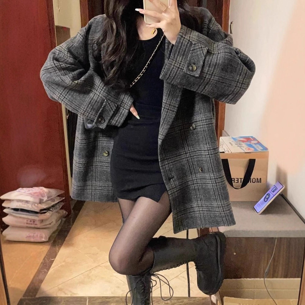 格子西装毛呢外套女秋冬2025毛呢外套