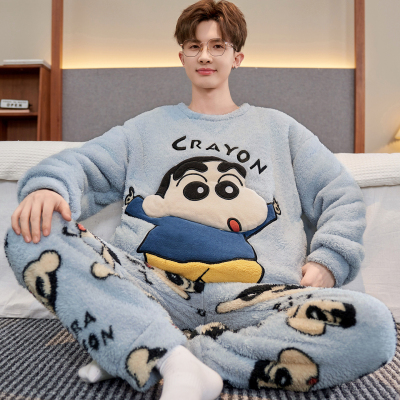 芬腾睡衣男款秋冬季珊瑚绒加厚加绒法兰绒男士青少年初中学生大童