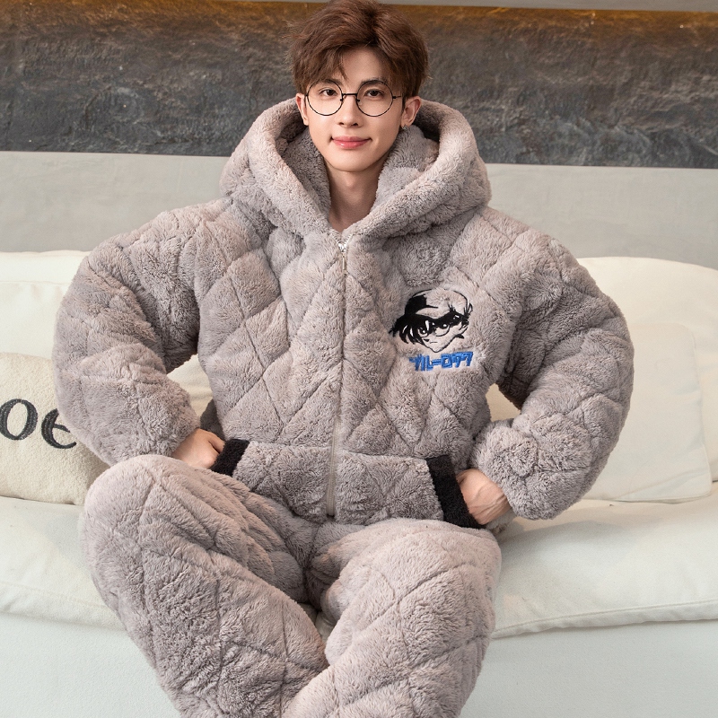 芬腾睡衣男款秋冬季珊瑚绒加厚加绒三层夹棉青少年学生大童家居服