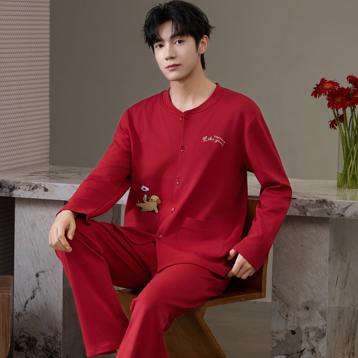 芬腾本命年睡衣男士100%纯棉春秋季长袖2026马年大红色全棉家居服