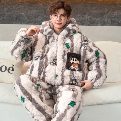 芬腾睡衣男士冬季珊瑚绒加厚加绒三层夹棉男款青少年初中学生大童