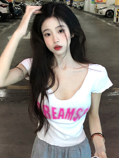 美式潮牌印花u领低领正肩短袖t恤女夏季纯欲辣妹修身短款纯棉上衣