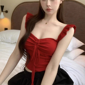 设计感辣妹性感短款 纯欲方领小飞袖 抽绳红色上衣女夏修身 吊带上衣