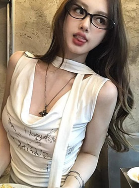 美式复古辣妹荡领挂脖吊带背心女