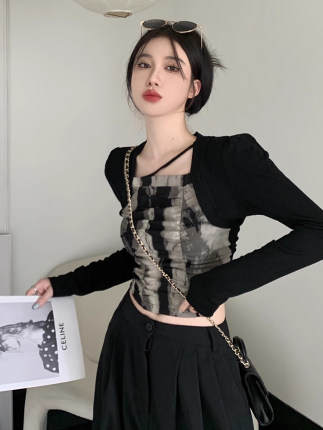 美式辣妹修身短款扎染长袖T恤女早秋设计感小众假两件打底衫上衣