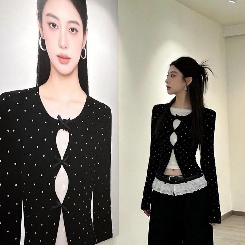 韩系波点假两件蕾丝上衣女秋休闲黑色蝴蝶结设计感修身长袖T恤