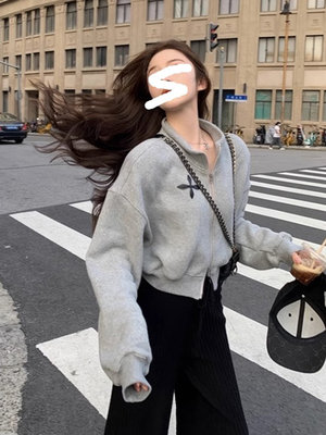 美式复古潮牌短款双拉链卫衣外套