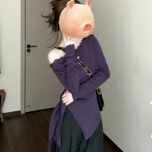 纯欲紫色收腰修身 露肩T恤女早秋甜辣妹性感斜肩开叉上衣内搭 长袖