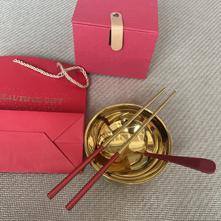 伴手礼收干亲金碗筷三件套304不锈钢金饭碗免费刻字定制logo名字