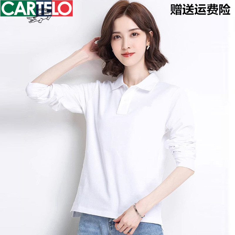 卡帝乐鳄鱼POLO衫女长袖t恤秋季纯棉宽松大码运动翻领休闲上衣潮