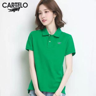 卡帝乐鳄鱼POLO衫短袖t恤女夏季纯棉宽松薄款运动V领休闲上衣装