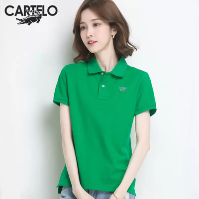 卡帝乐鳄鱼POLO衫短袖t恤女夏季纯棉宽松薄款运动V领休闲上衣装