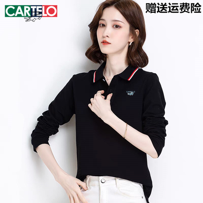 卡帝乐鳄鱼POLO衫女长袖t恤纯棉秋季宽松大码运动翻领休闲上衣潮