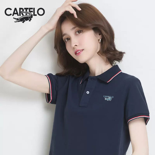 卡帝乐鳄鱼PoLo衫女士短袖t恤夏季纯棉宽松薄款运动V领休闲上衣女