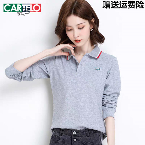 卡帝乐鳄鱼POLO衫女长袖t恤纯棉秋季宽松大码运动翻领休闲上衣潮